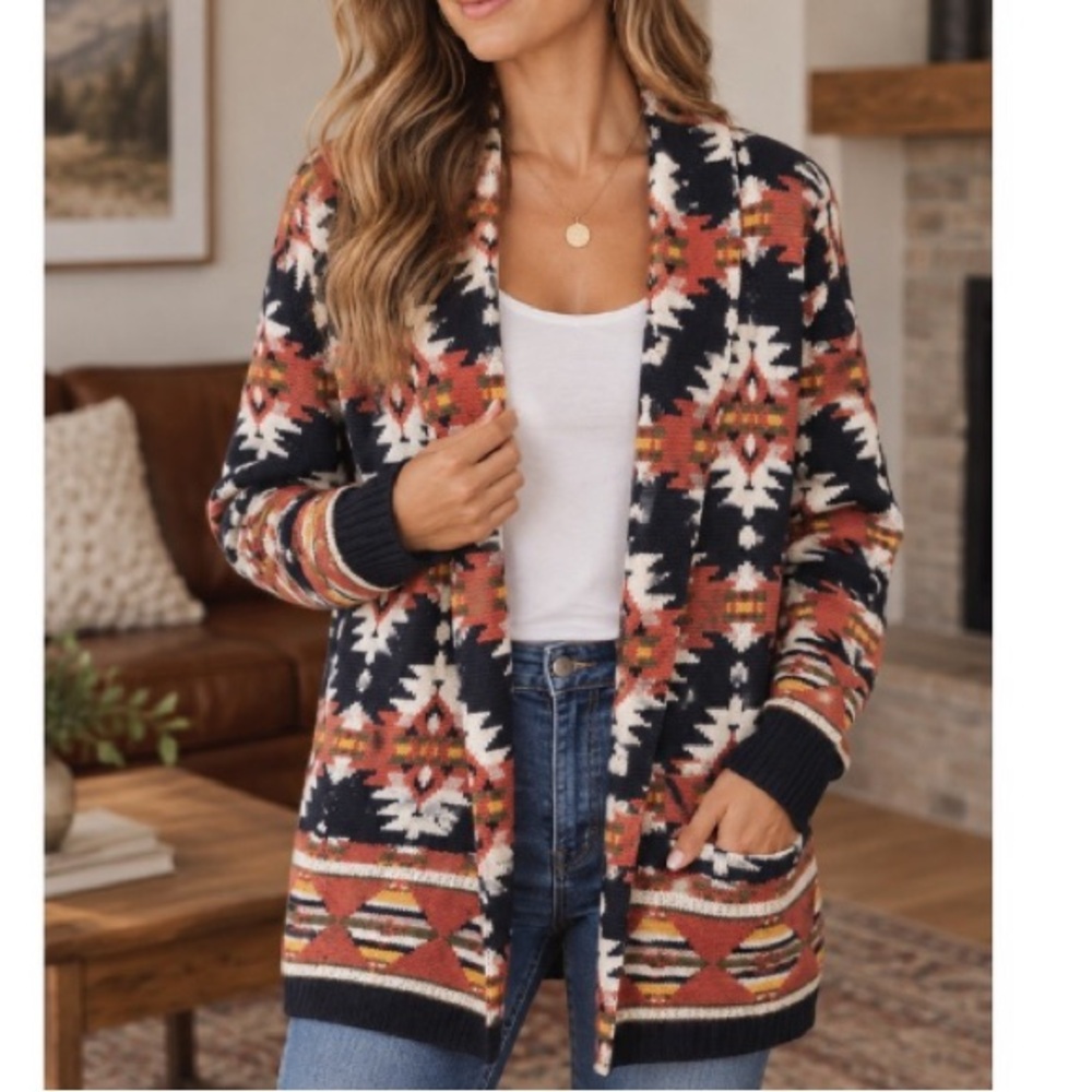 Lucky Brand Womens Small Southwestern Aztec Open Front Cardigan Cozy Fall Layer